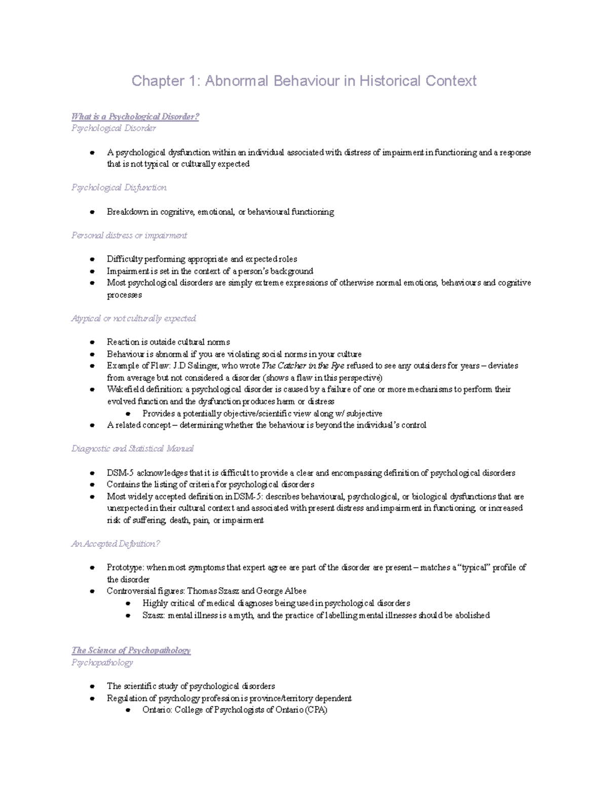 Psychology 2030B midterm 1 - Chapter 1: Abnormal Behaviour in ...