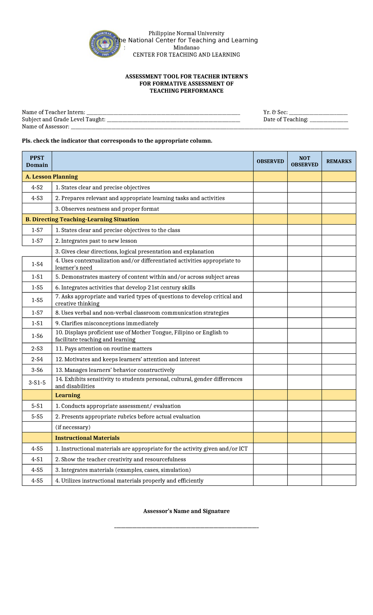 Observation- Sheet- Assessment-TOOL-FOR- Teacher- Intern Formative ...