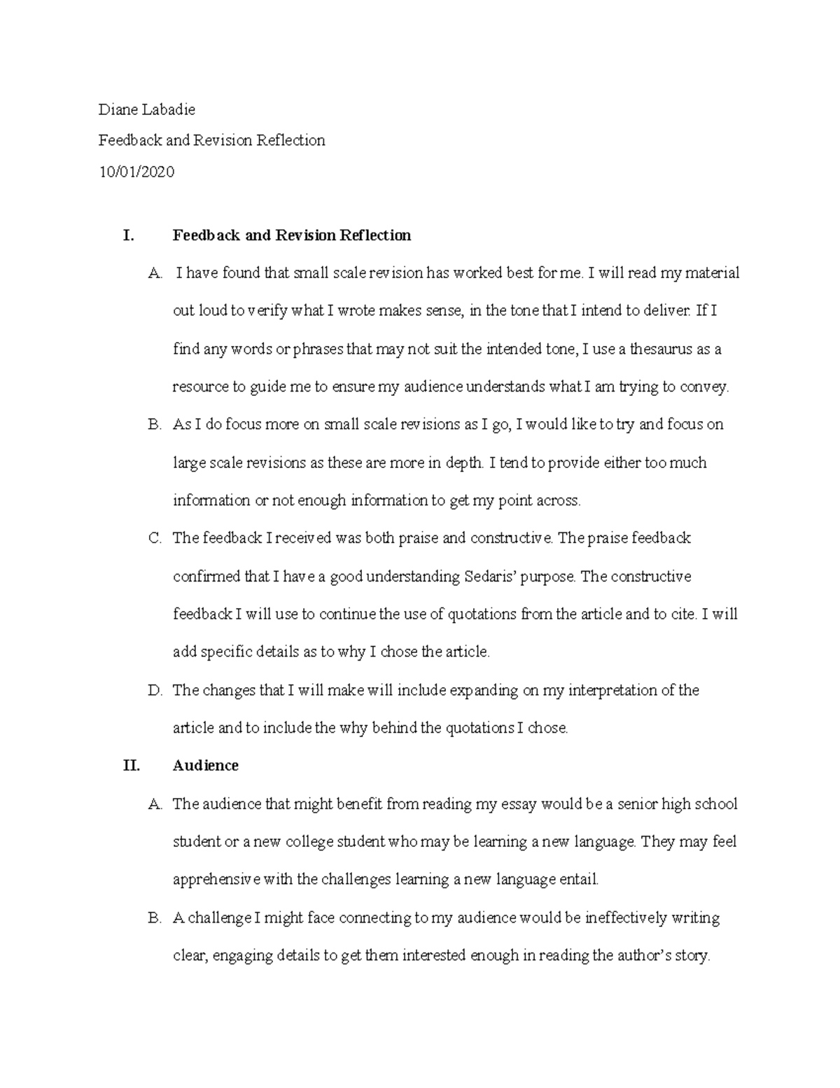 5-3 - Feedback and Revision Reflection - Diane Labadie Feedback and ...