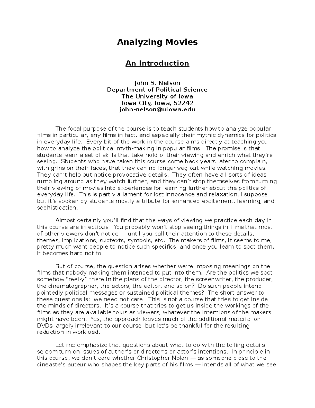 Analyzing Movies- Nelson - Analyzing Movies An Introduction John S ...