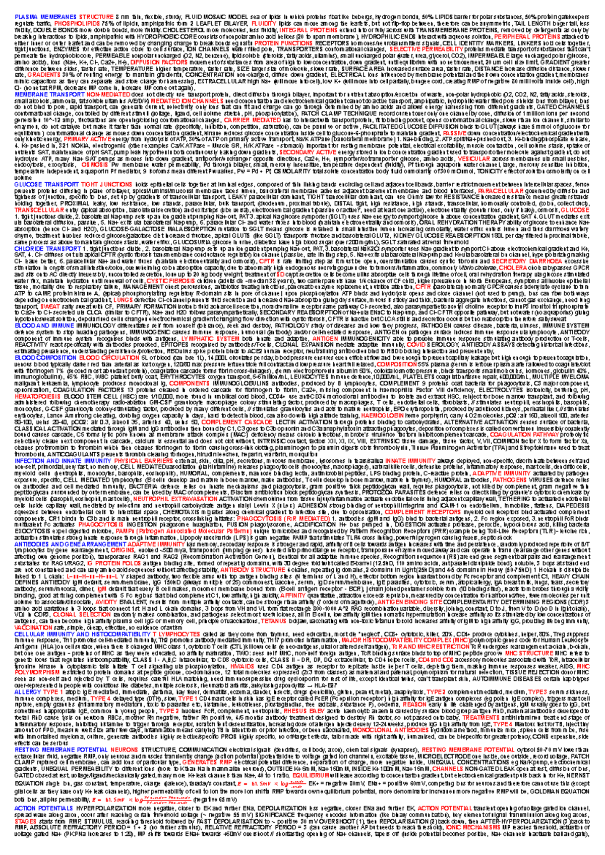 Biosci 107 Exam cheat sheet - PLASMA MEMBRANES STRUCTURE 8 nm thin ...