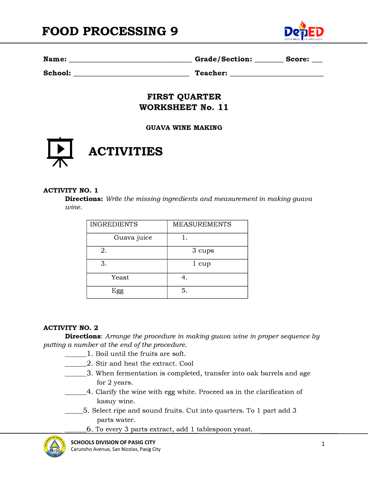 Sptve 9-FOOD Processing TECH9-Q1-DW11 - 1 FOOD PROCESSING 9 SCHOOLS ...