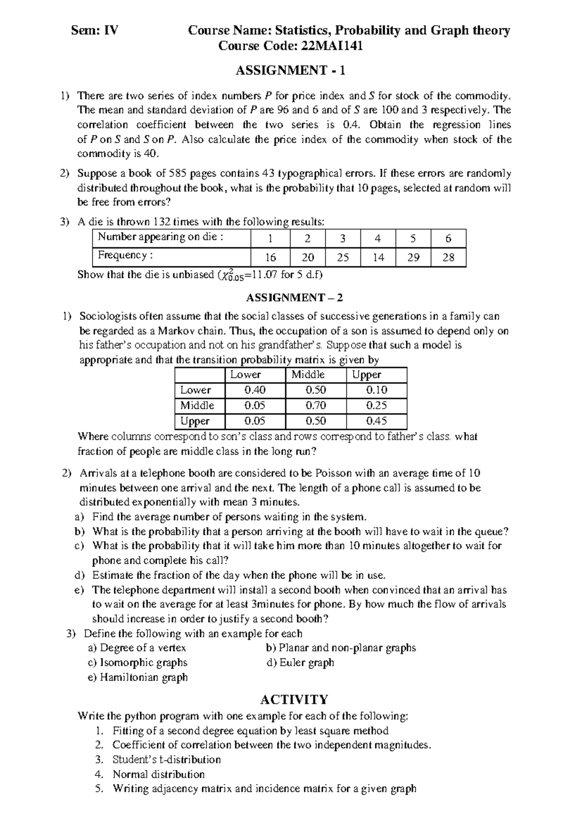 Assignment And Activity - Sem: IV Course Name: Statistics, Probability ...