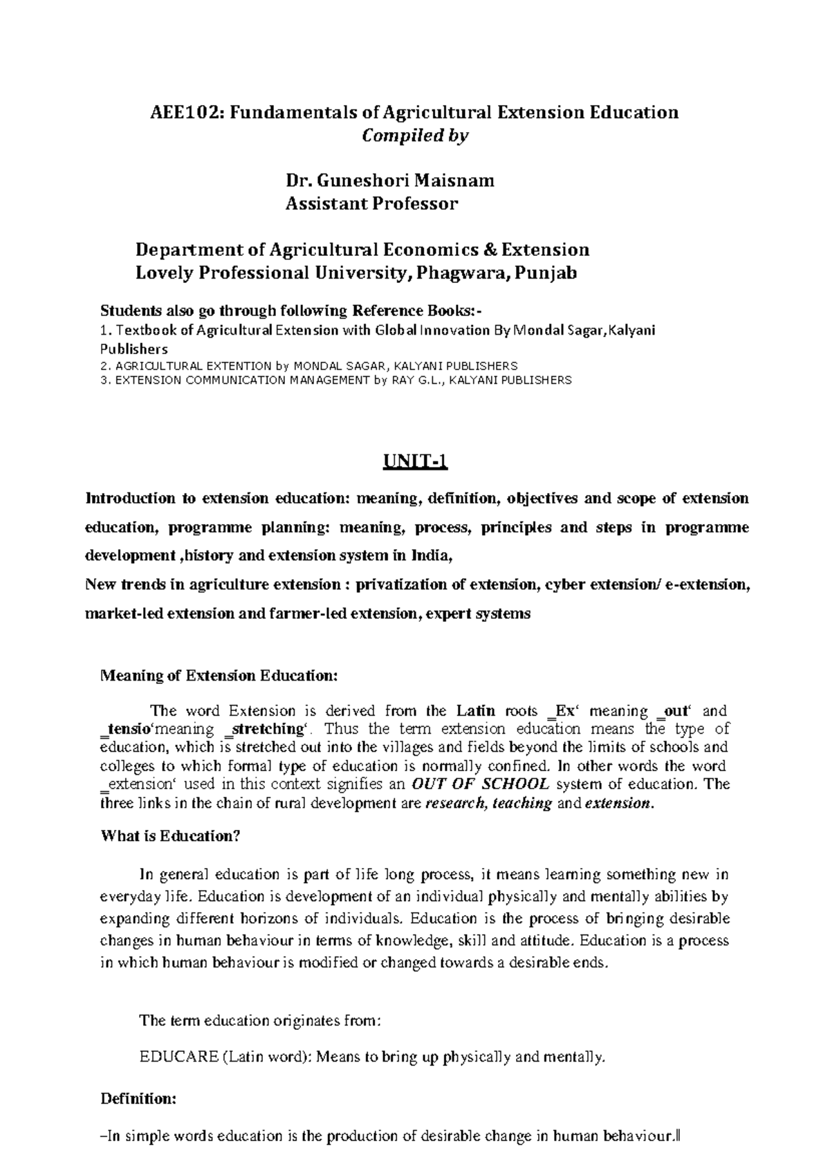 UNIT-1 - AEE102: Fundamentals of Agricultural Extension Education ...