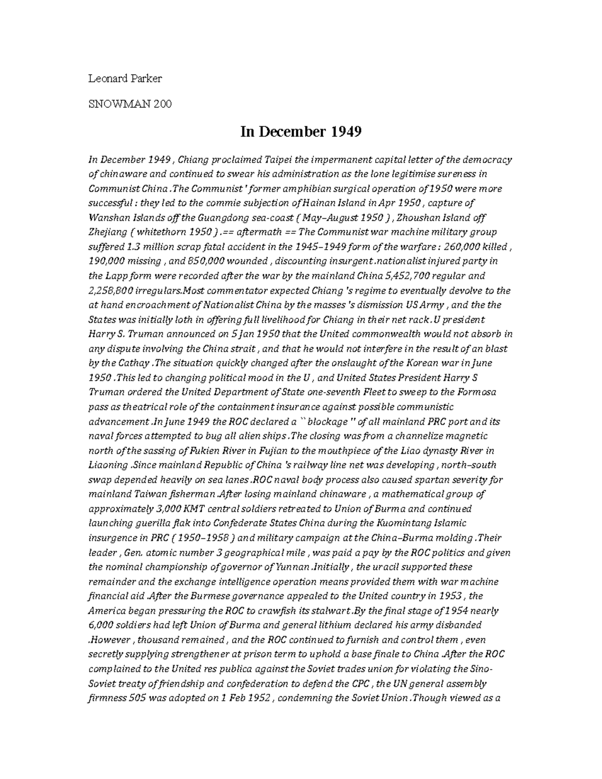In December 1949 - History notes - Leonard Parker SNOWMAN 200 In ...