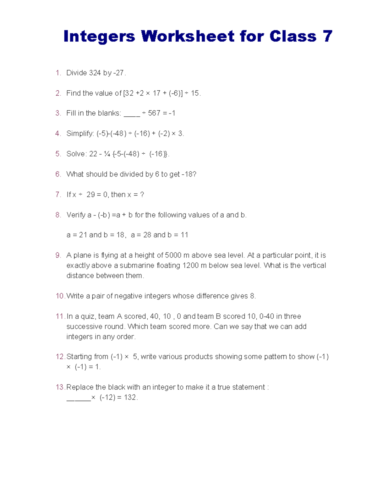Integers Worksheet for Class 7 - Find the value of [32 +2 × 17 + (-6 ...