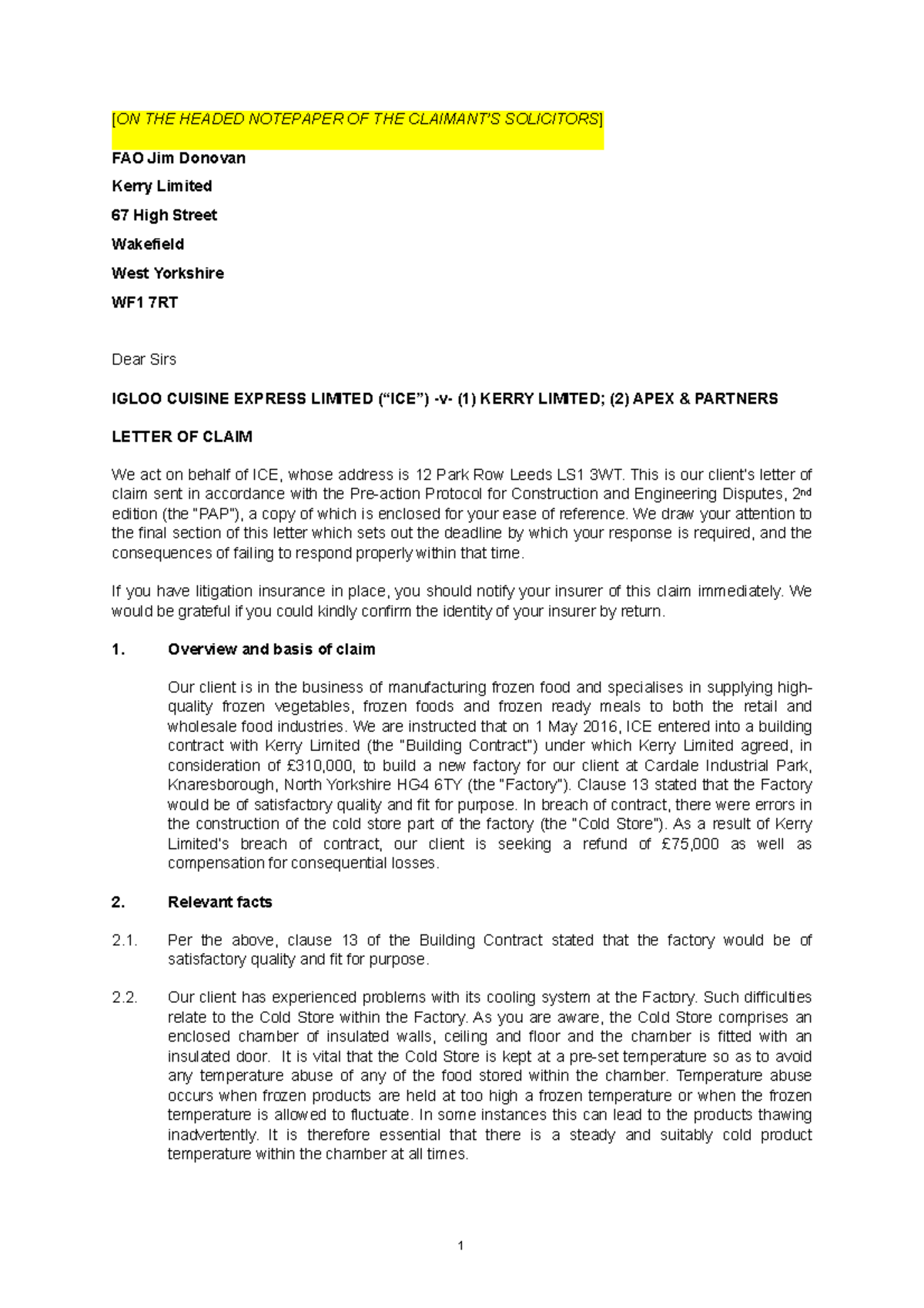 Letter of Claim Example - [ ON THE HEADED NOTEPAPER OF THE CLAIMANT’S ...