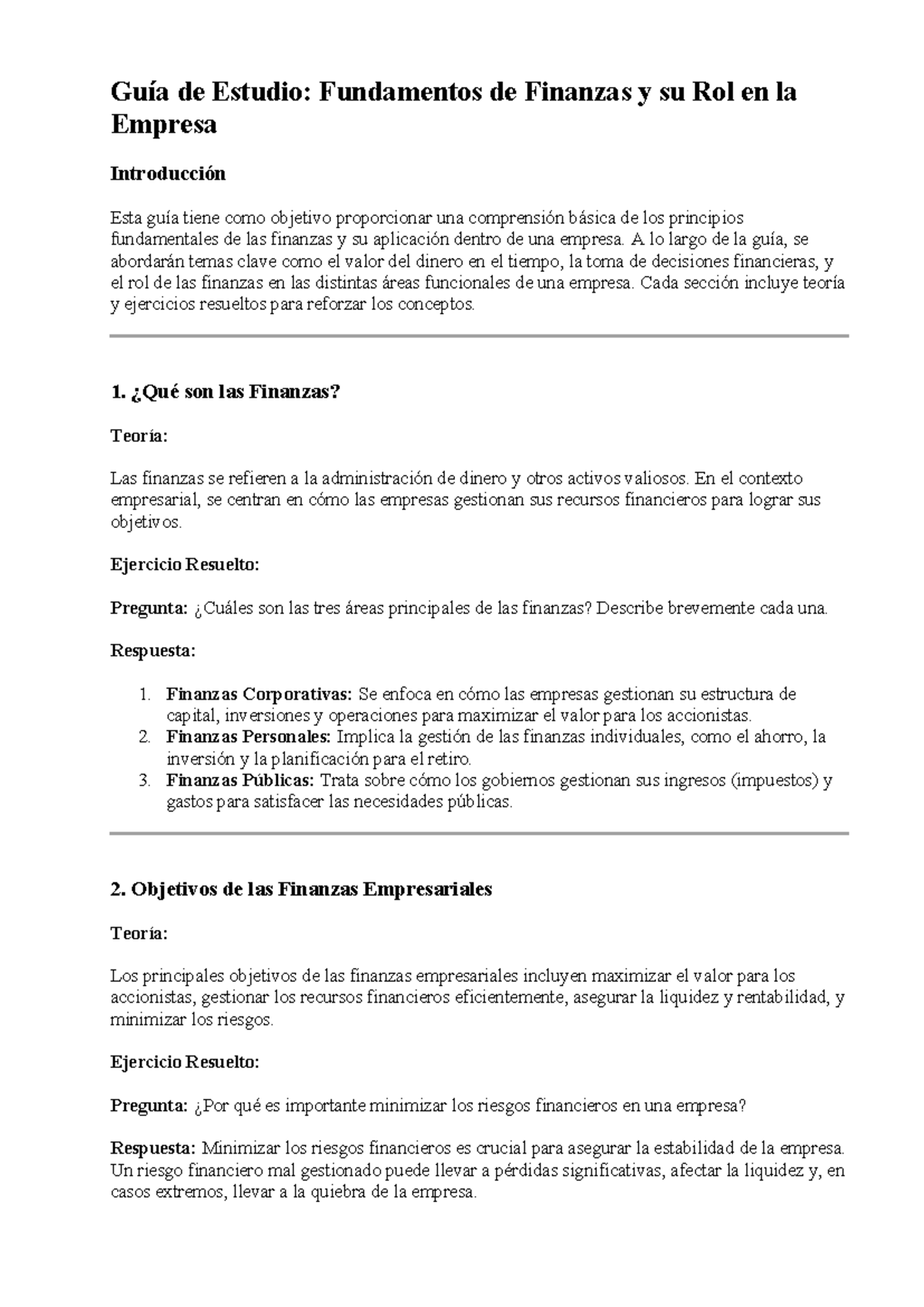 Guia resuelta finanzas - Guía de Estudio: Fundamentos de Finanzas y su ...