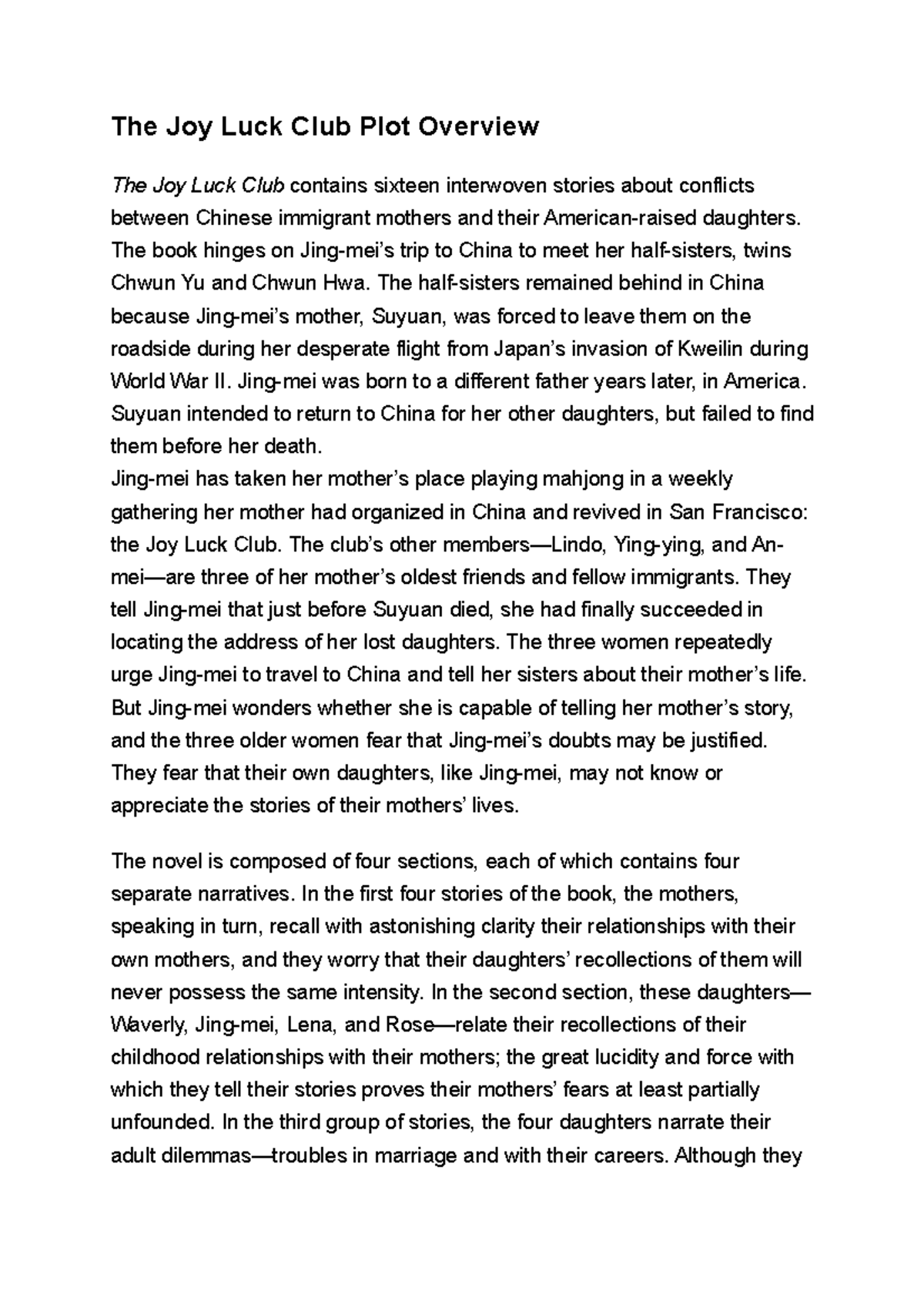 The Joy Luck Club Plot Overview Selections From Homer's Iliad The