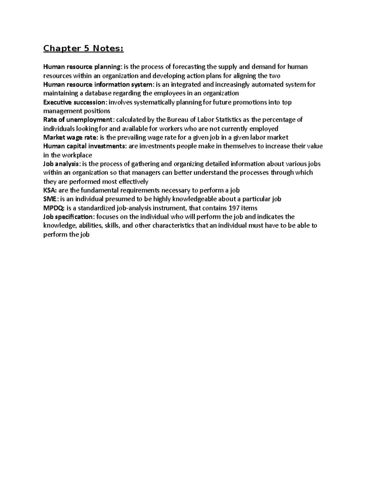 Chapter 5 Notes-HR - Notes - Chapter 5 Notes: Human resource planning ...