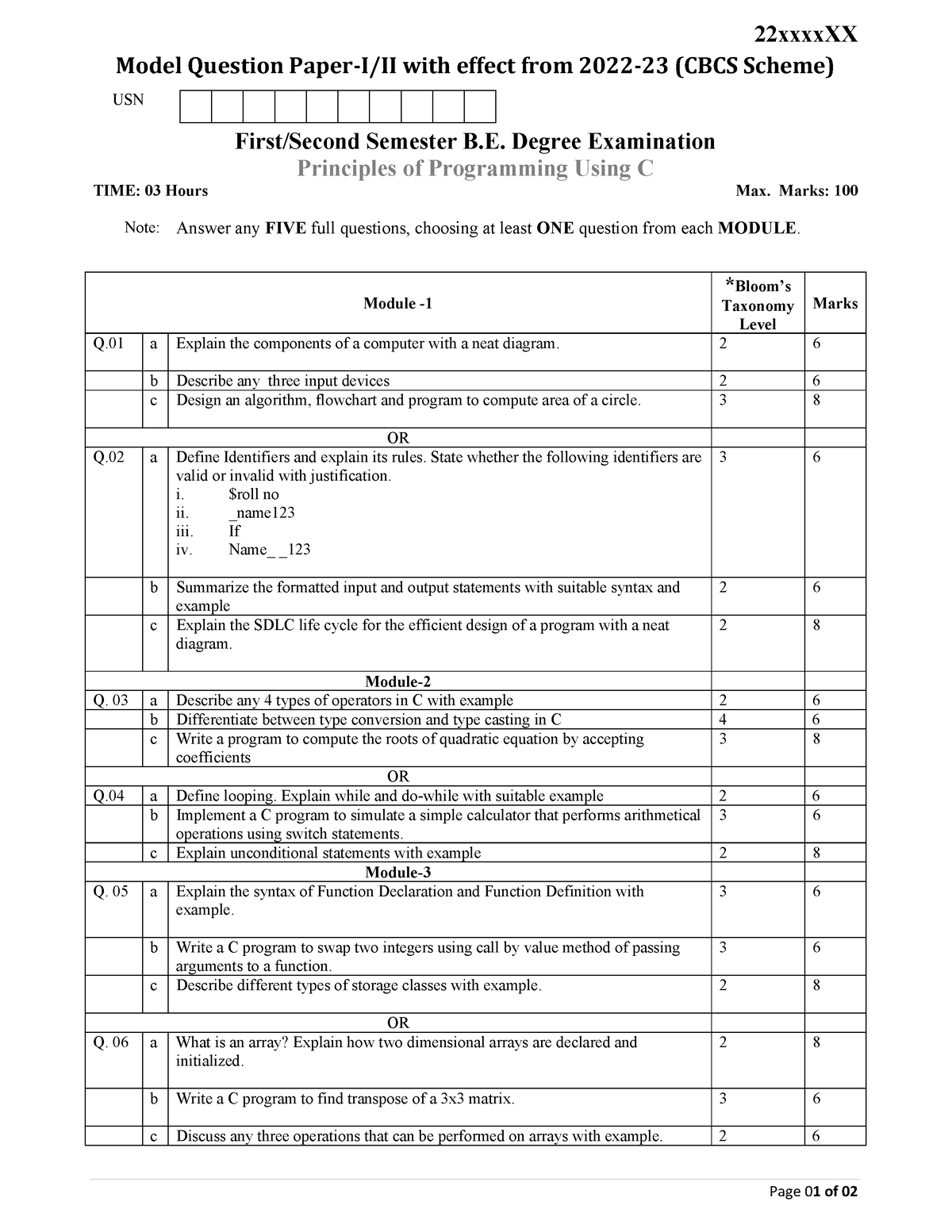 22POP13set3 - Mqp - 22xxxxXX Page 01 of 02 Model Question Paper-I/II ...