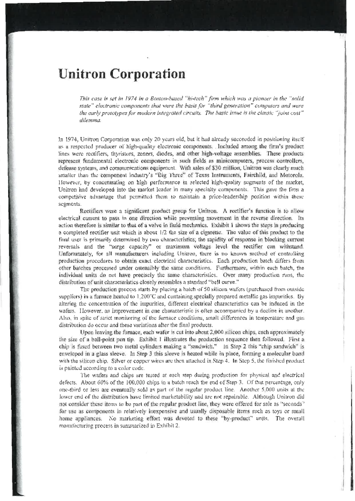Case 4 Unitron Corporation - ####### 256 Production cost data relating ...