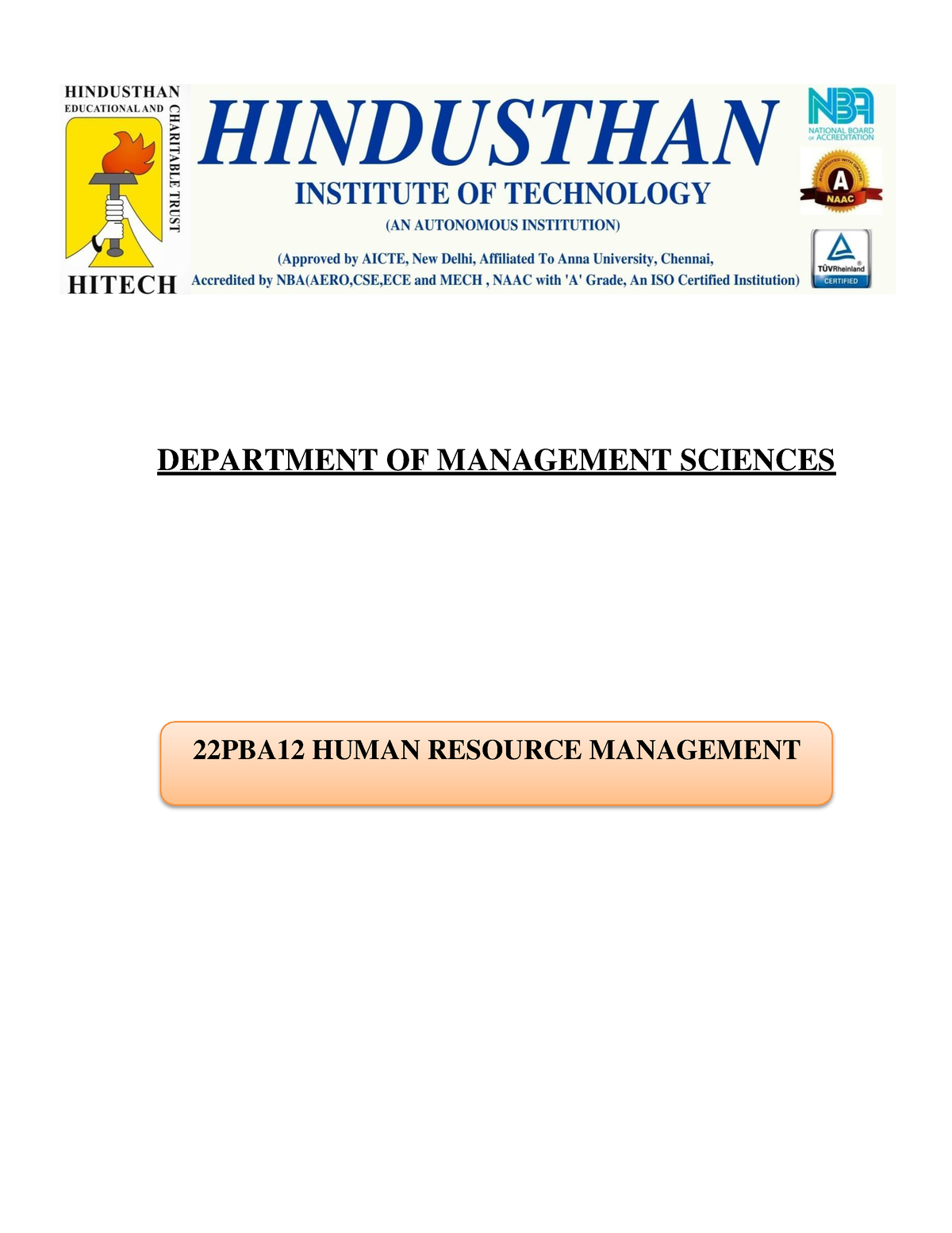 HRM Study Material - DEPARTMENT OF MANAGEMENT SCIENCES 22PBA12 HUMAN ...