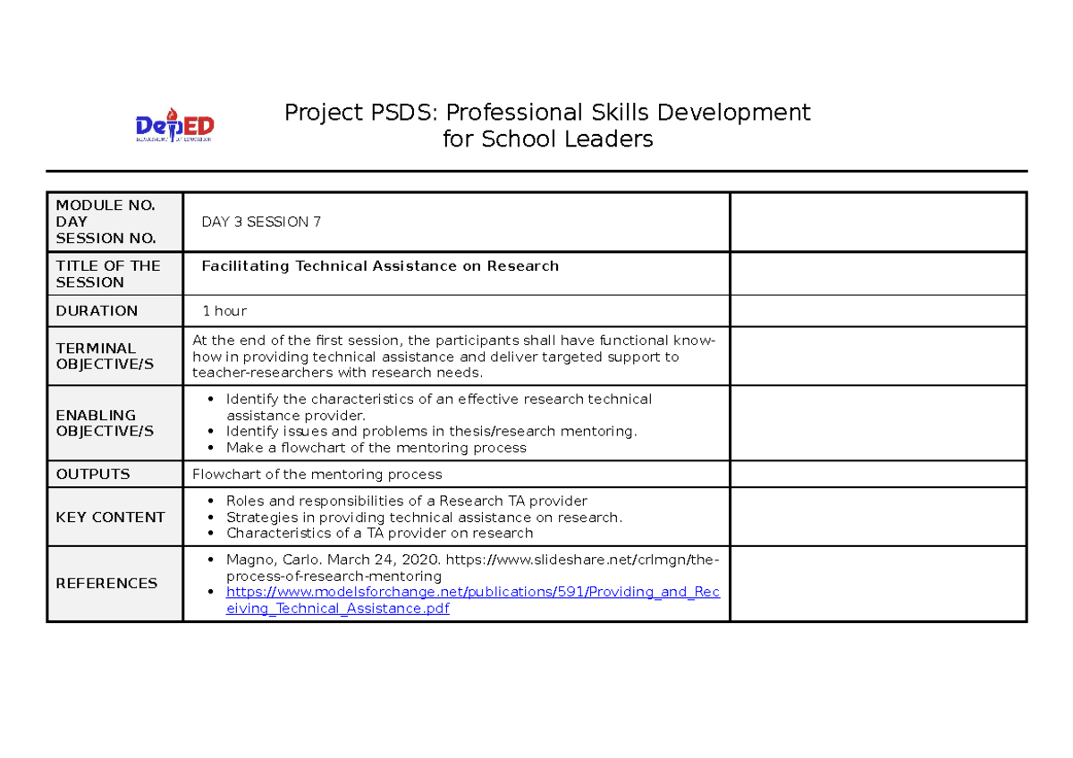 Research-session-guide PSDS - for School Leaders MODULE NO. DAY SESSION ...