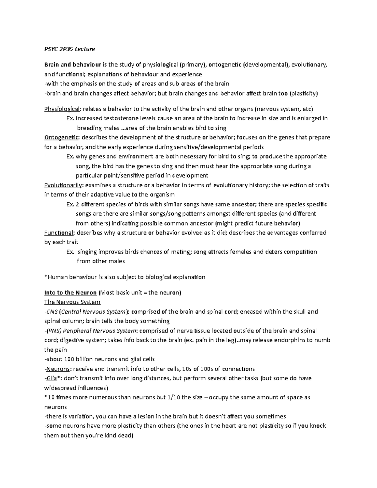 PSYC 2P35 Lectures - Lecture notes 1-10 - PSYC 2P35 Lecture Brain and ...