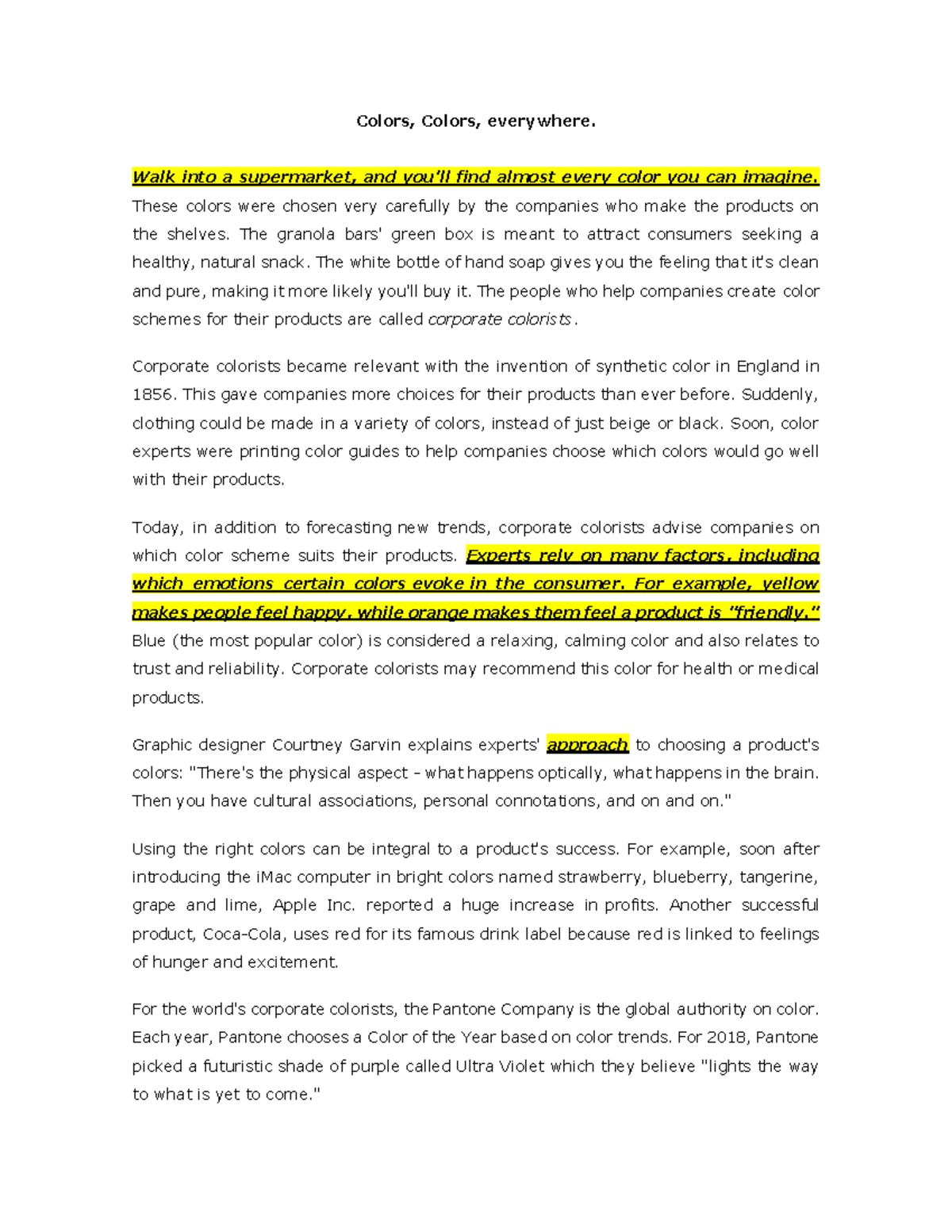 Sample Reading Text - Colors, Colors, everywhere. Walk into a ...
