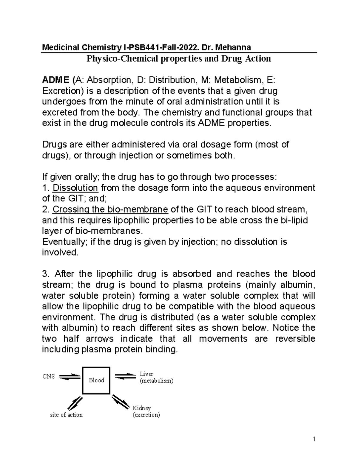 ADME - notes - Medicinal Chemistry I-PSB441-Fall-2022. Dr. Mehanna ...