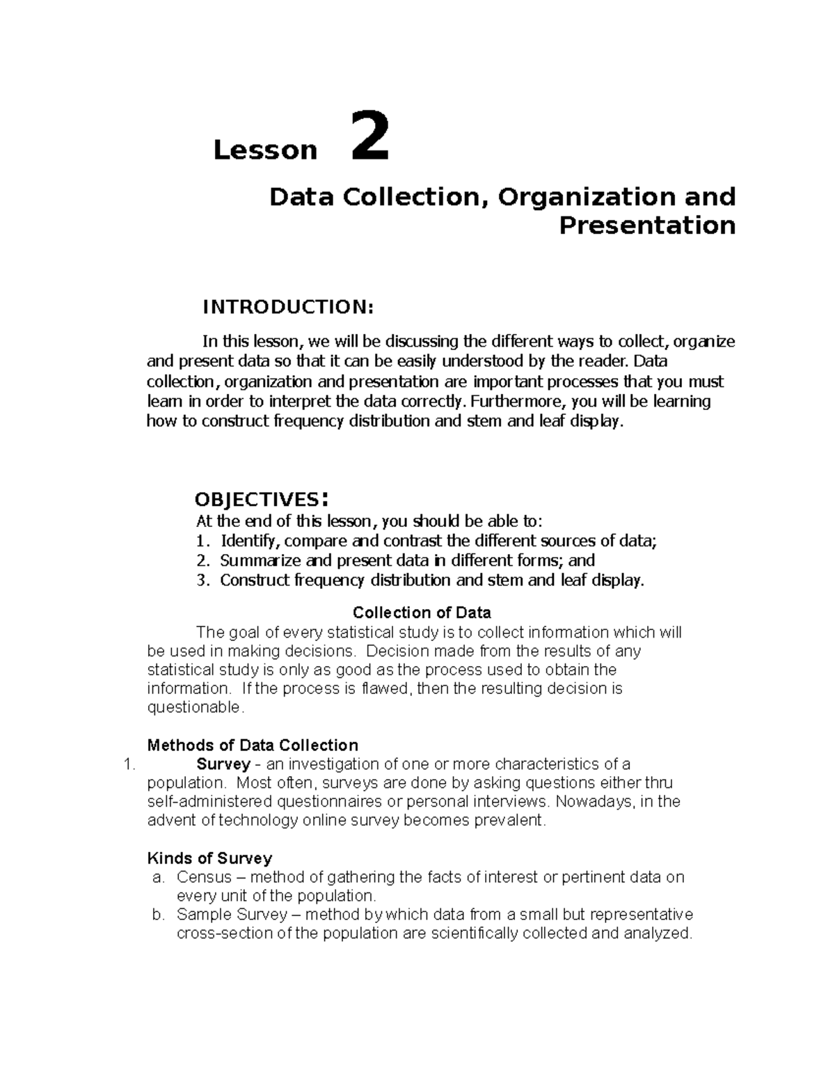 data collection organization and presentation