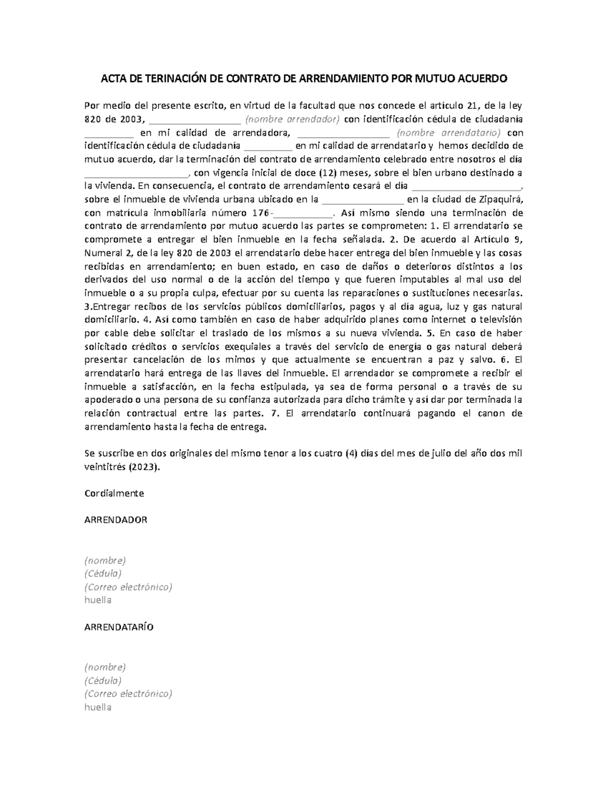 ACTA DE Terinación DE Contrato DE Arrendamiento POR Mutuo Acuerdo ...