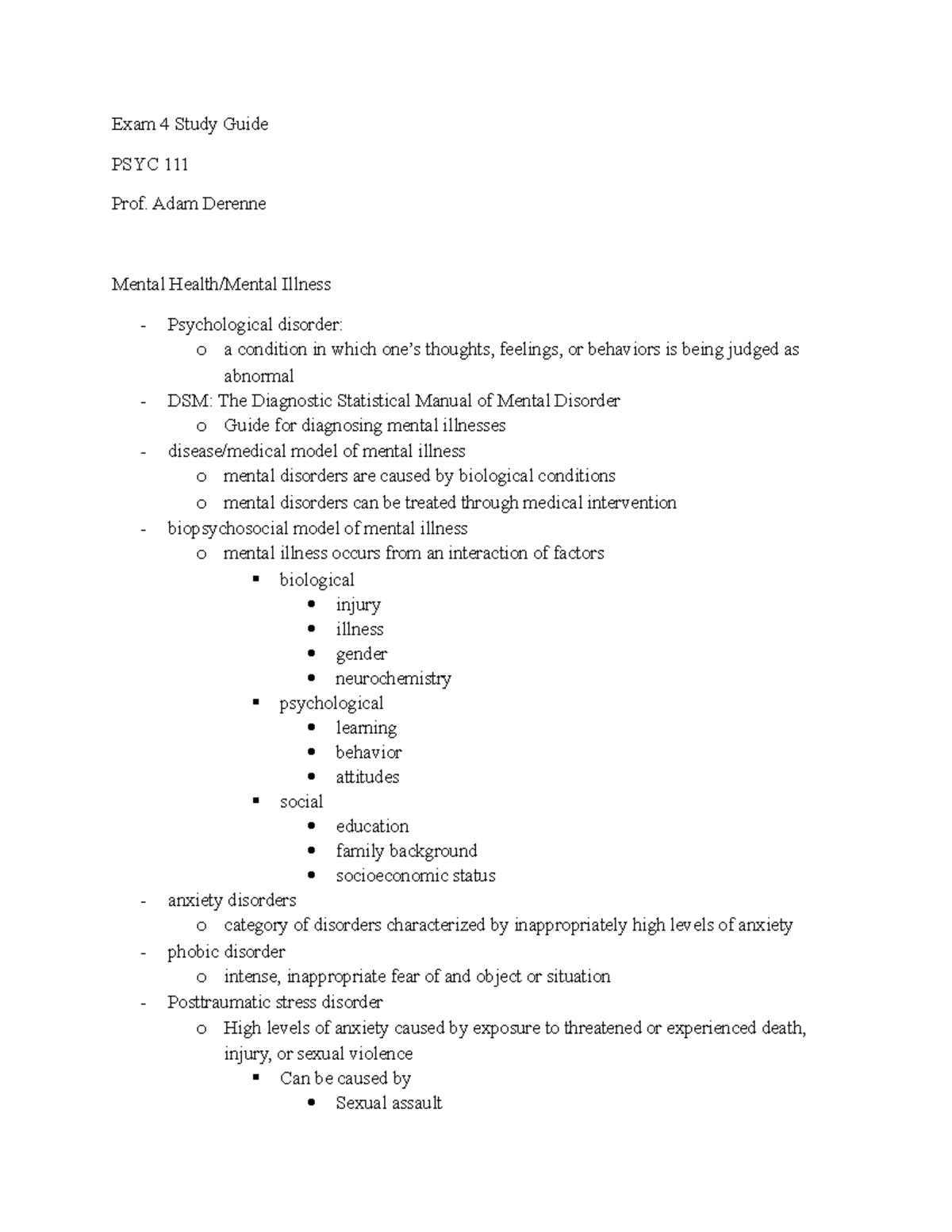 Exam 4 Study Guide - Prof. Adam Derenne - Exam 4 Study Guide PSYC 111 ...