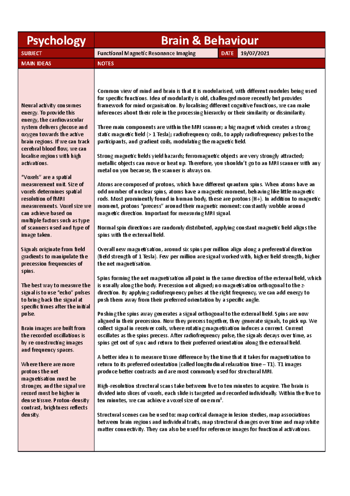 Lecture notes - Psychology Brain & Behaviour SUBJECT Functional ...