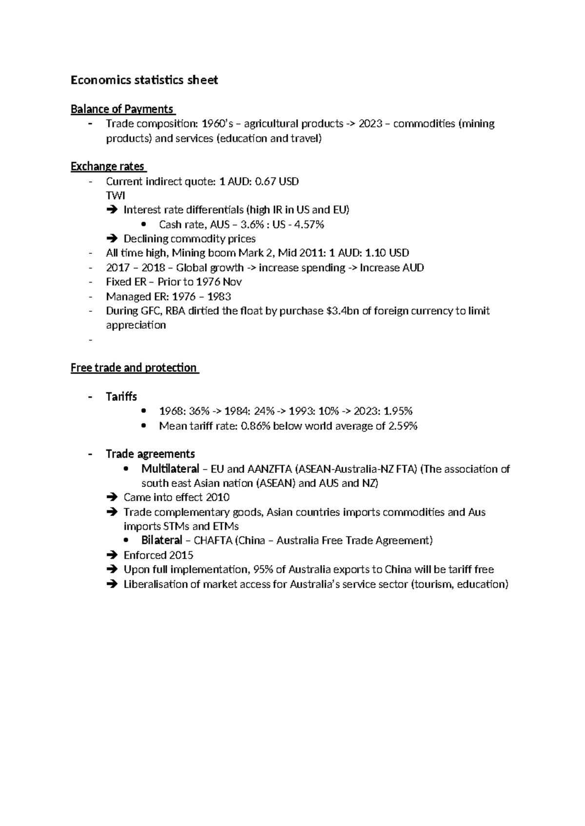 Economics statistics sheet - Economics statistics sheet Balance of ...