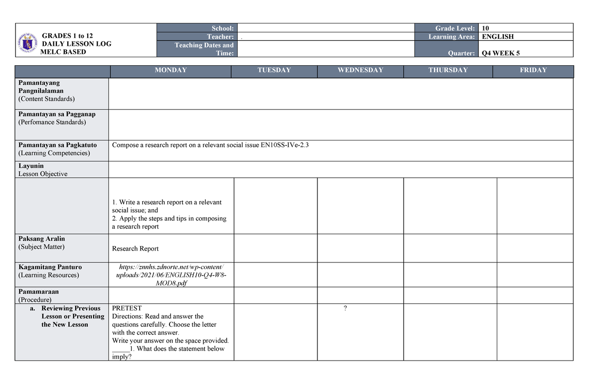 MELC DLL ENG 10 WEEK 5 Q4 DONE - GRADES 1 to 12 DAILY LESSON LOG MELC ...