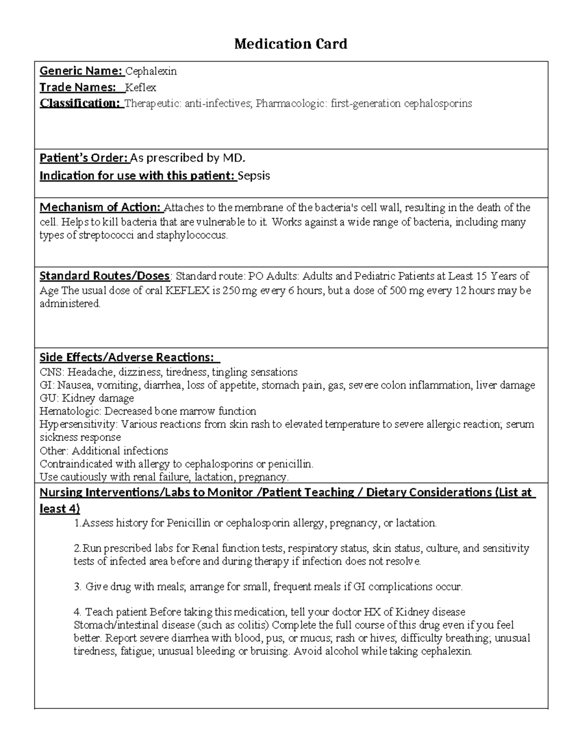 Medication Card keflex - Medication Card Generic Name: Cephalexin Trade ...