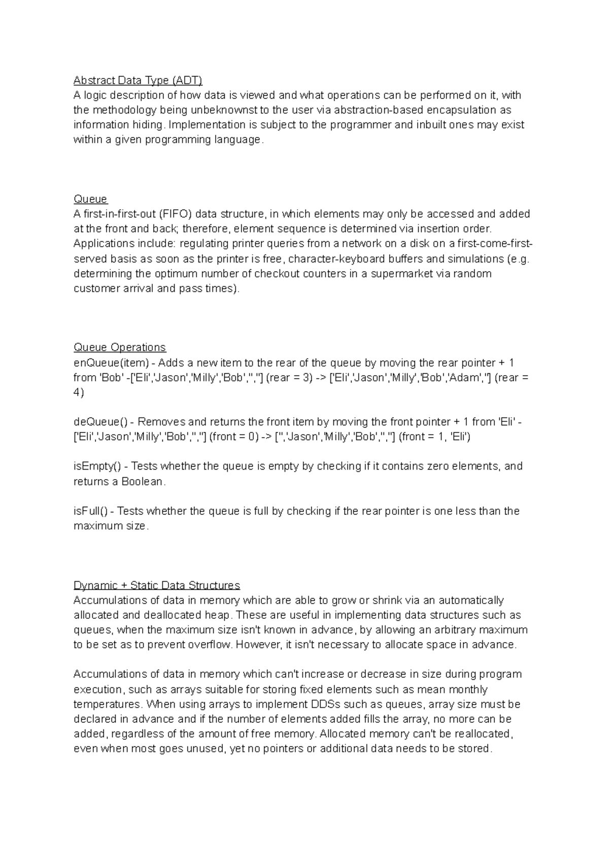 Section 7 - Data Structures Notes - Abstract Data Type (ADT) A logic ...