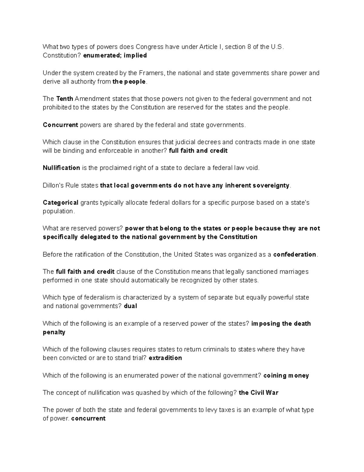 Quiz 3 Study Guide What two types of powers does Congress have under Article I, section 8 of