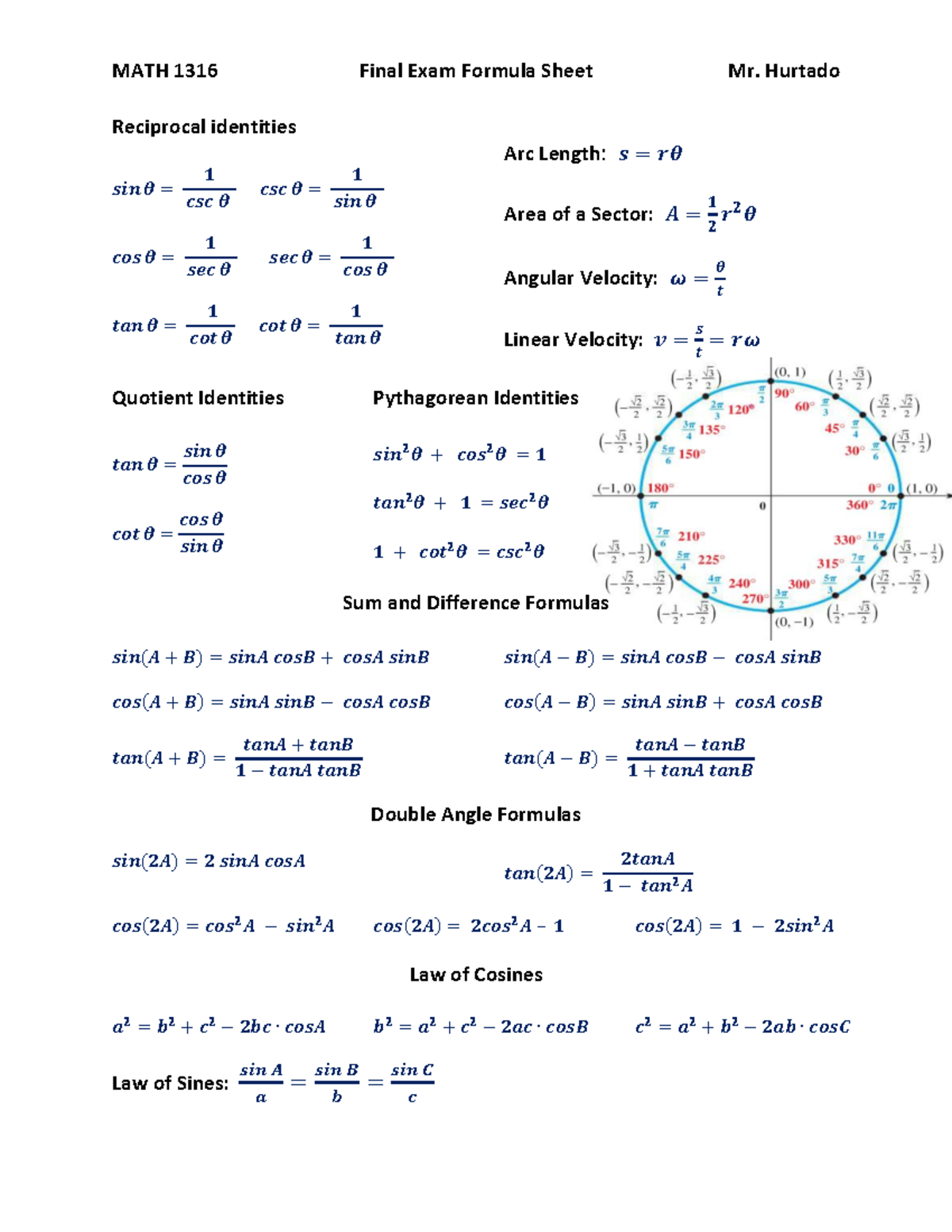 Final Exam Formula Sheet - Hurtado Reciprocal Identities 𝒔𝒊𝒏 𝜽 = 𝟏 𝒄𝒔𝒄 