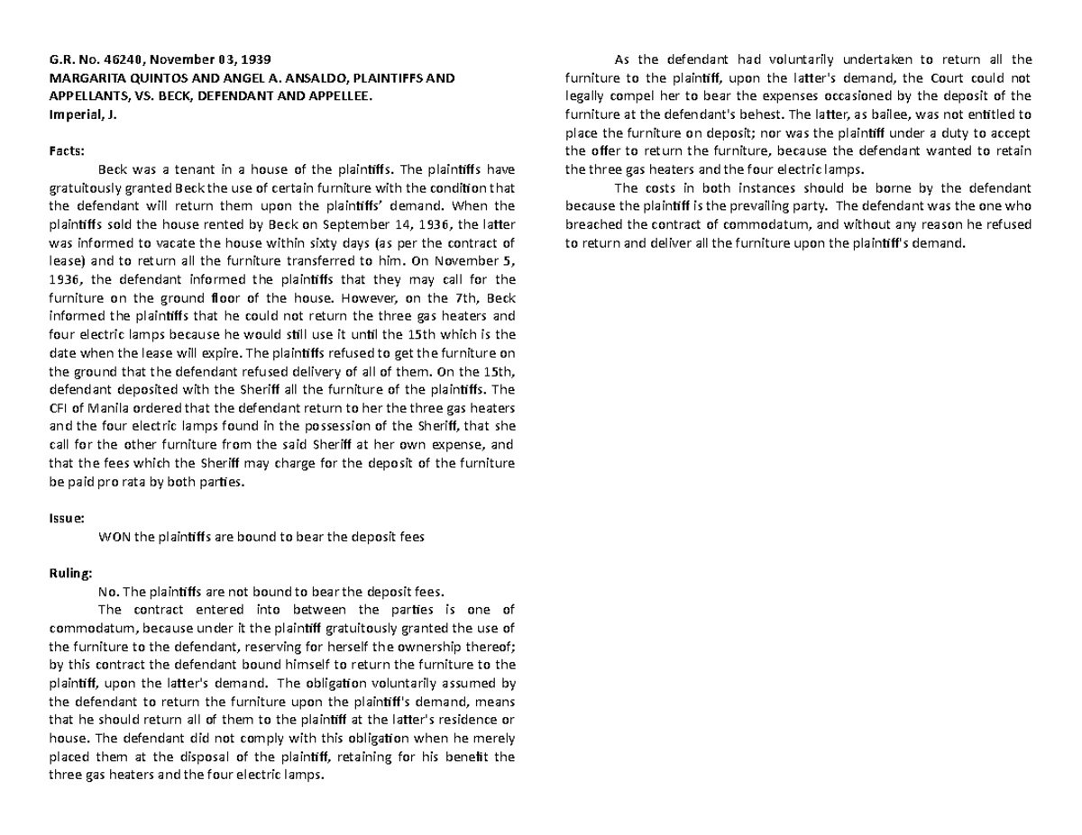 Case dIGEST on Cred Tran quintos v Beck Corporate Law UNIVER Studocu