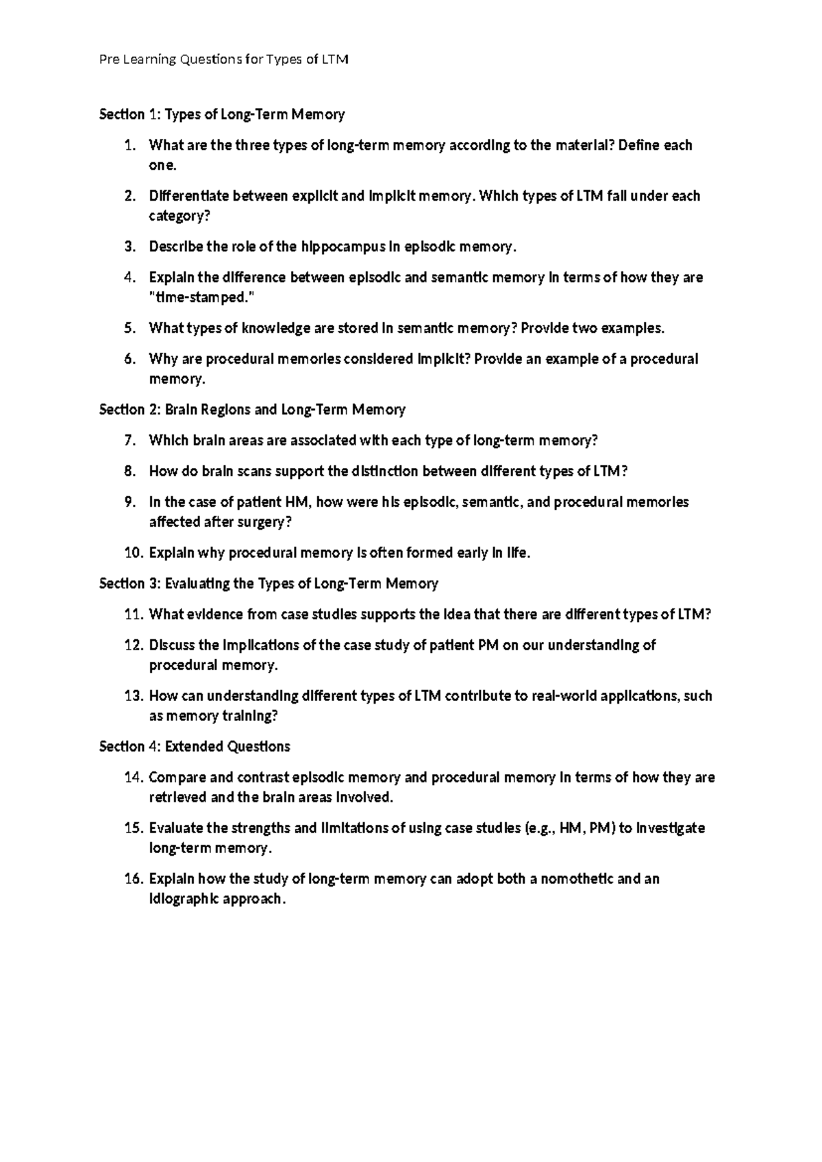Types of LTM Pre Learning Task - Pre Learning Questions for Types of ...
