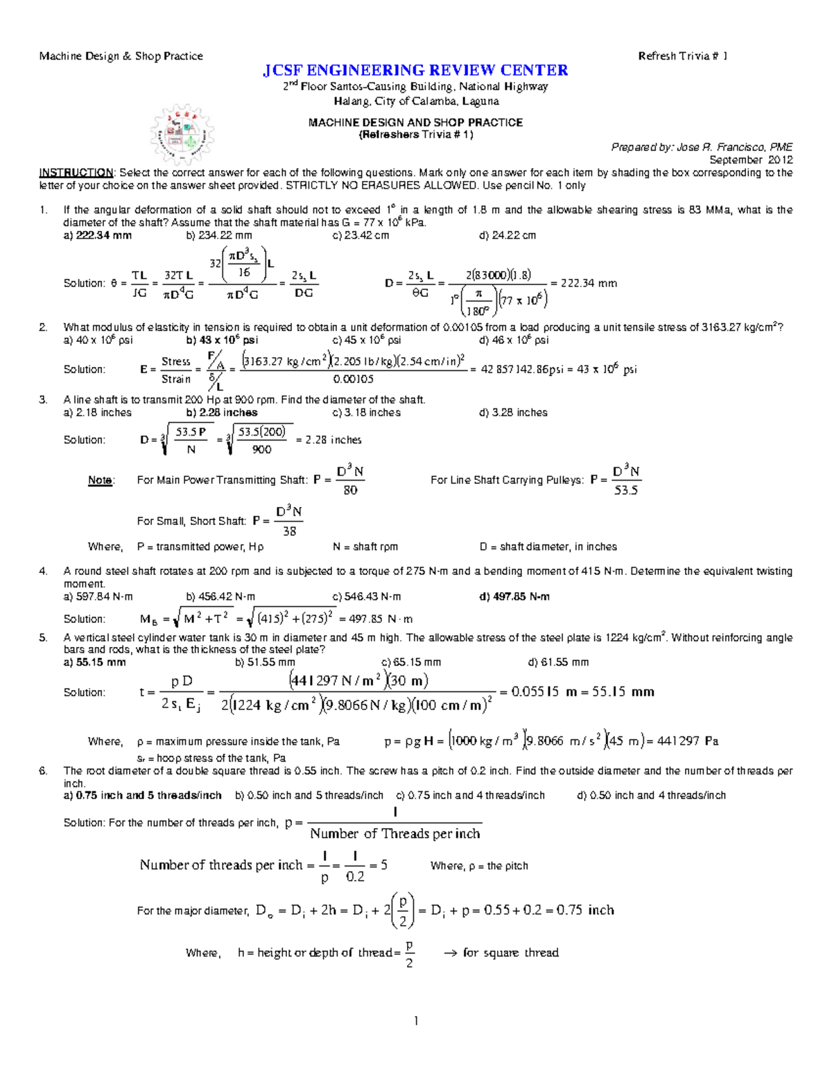 Machine Design Refresher - Machine Design & Shop Practice Refresh ...
