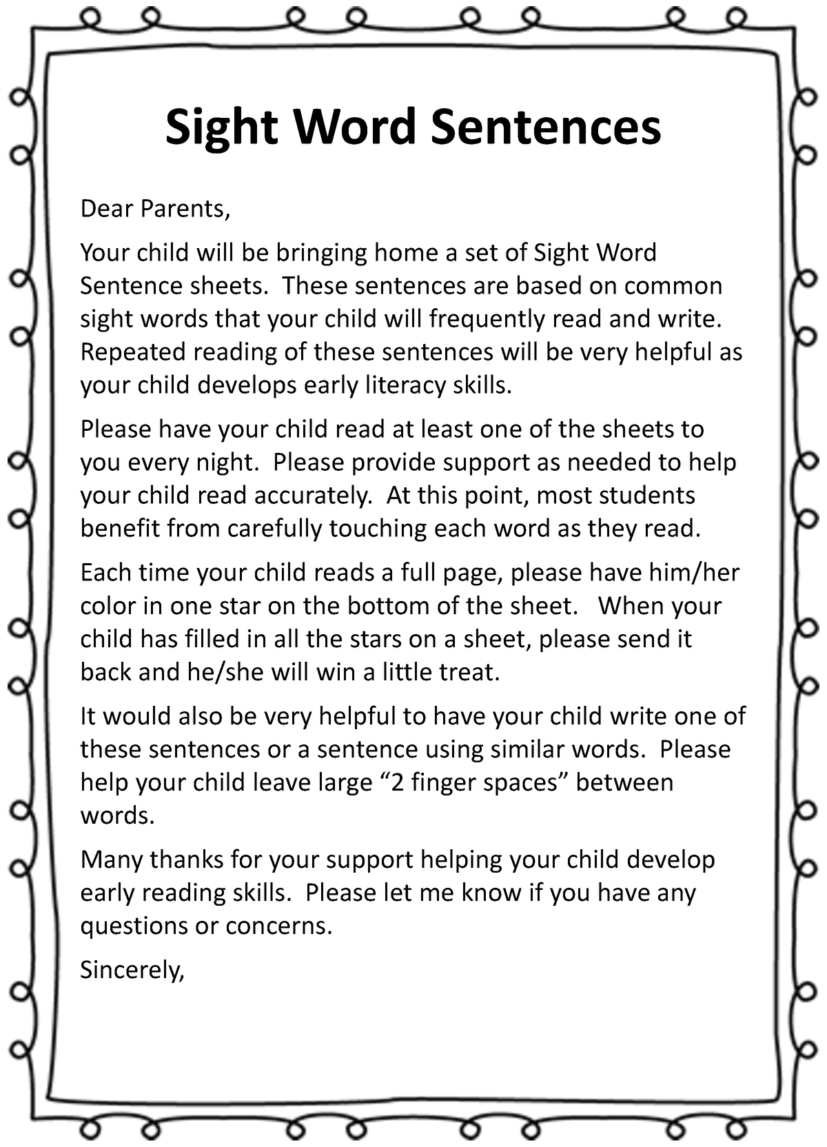 Very First Sight Word Sentences - Sight Word Sentences Dear Parents ...