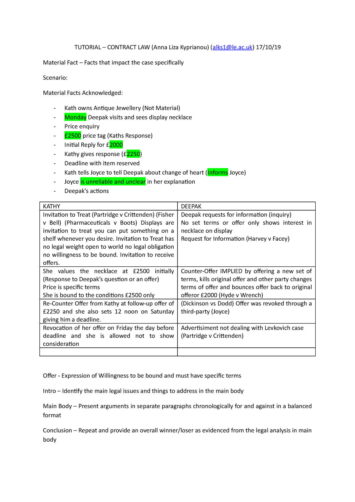 Contract Law - Tutorial 1 Notes - TUTORIAL – CONTRACT LAW (Anna Liza ...