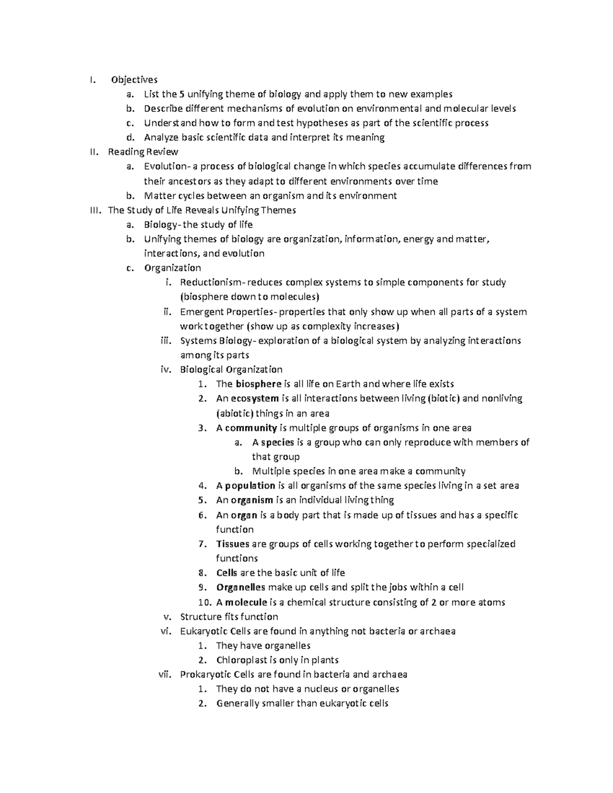 BIO1305 Chapter 1 - I. Objectives a. List the 5 unifying theme of ...