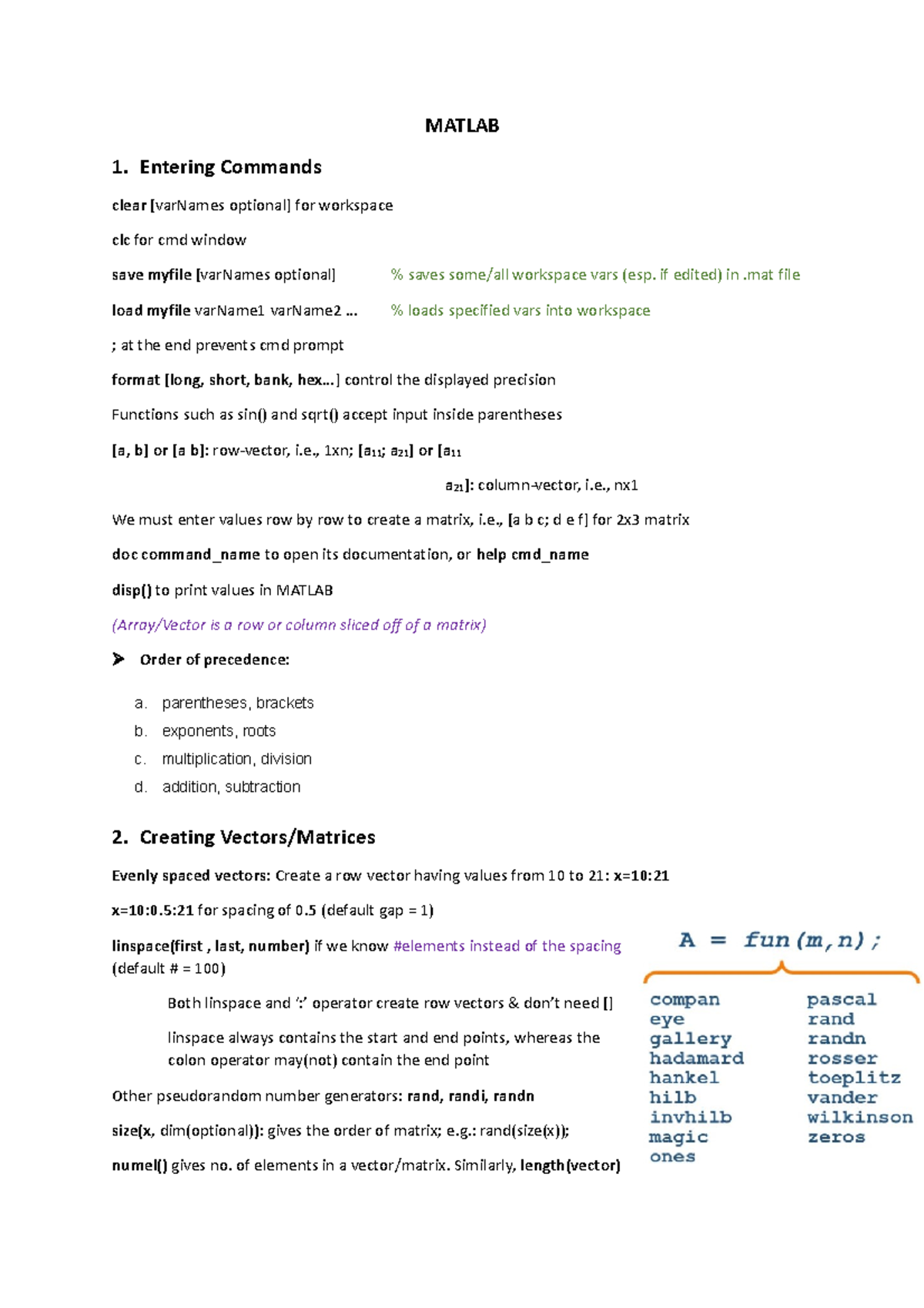Matlab - MATLAB 1. Entering Commands clear [varNames optional] for ... image.