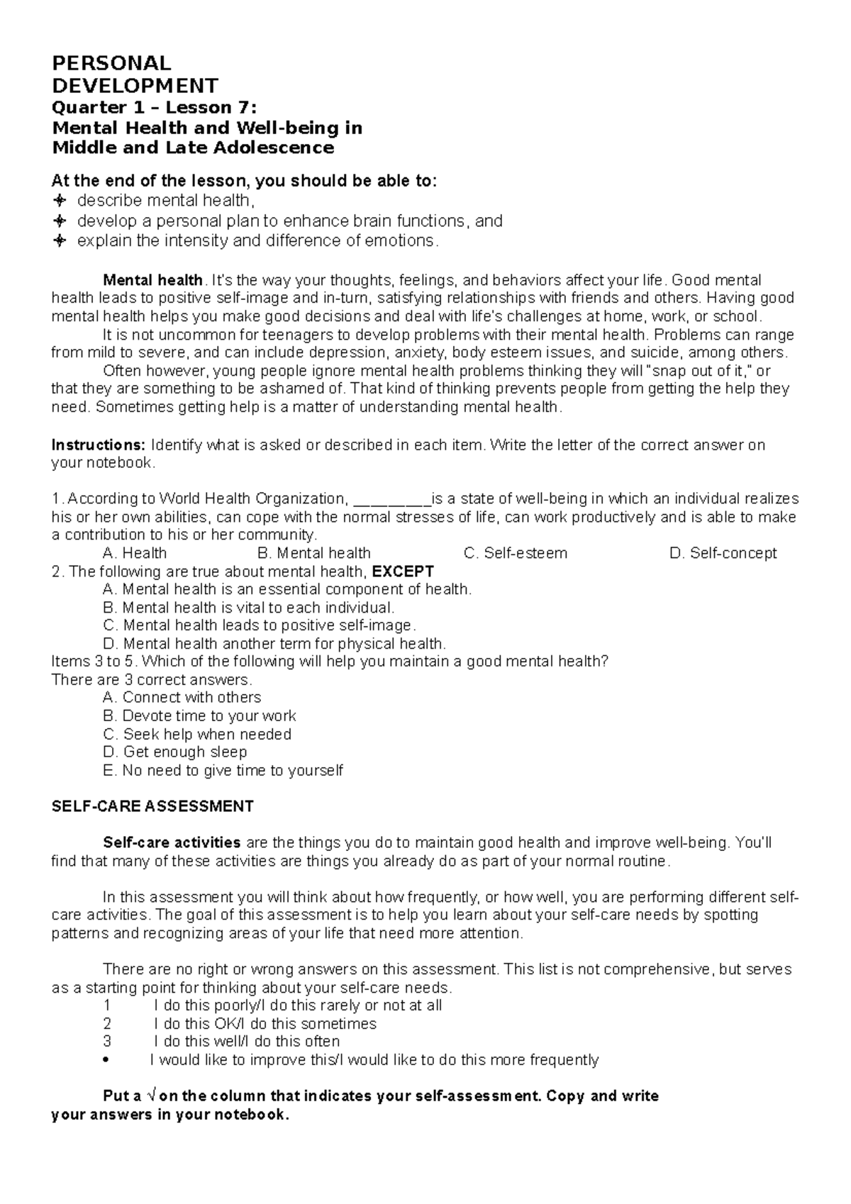 Per Dev Lesson 7 - PERSONAL DEVELOPMENT Quarter 1 – Lesson 7: Mental ...