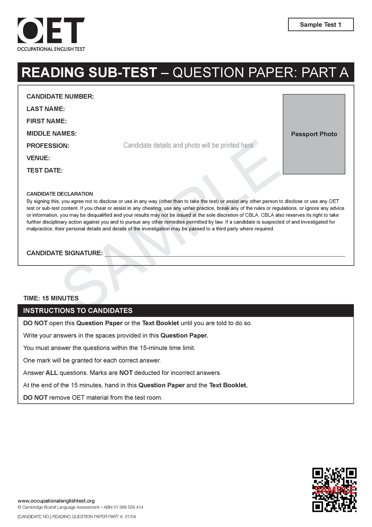 Reading Sample Test 1 Question Paper Part A - SAMPLE SAMPLE ...