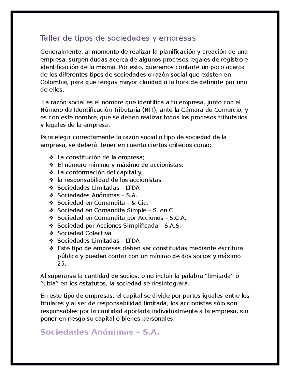 Taller de tipos de sociedades y empresas Yesli Merch Cámaras de ...