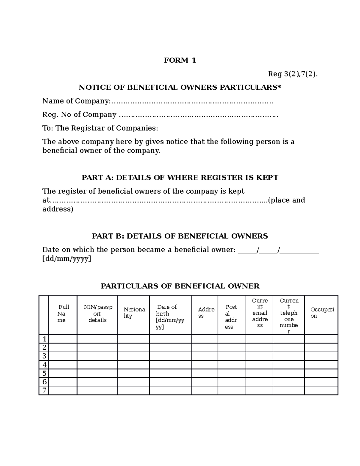 Notice of beneficial owner particulars FORM 1 Reg 3(2),7(2). NOTICE OF BENEFICIAL OWNERS Studocu