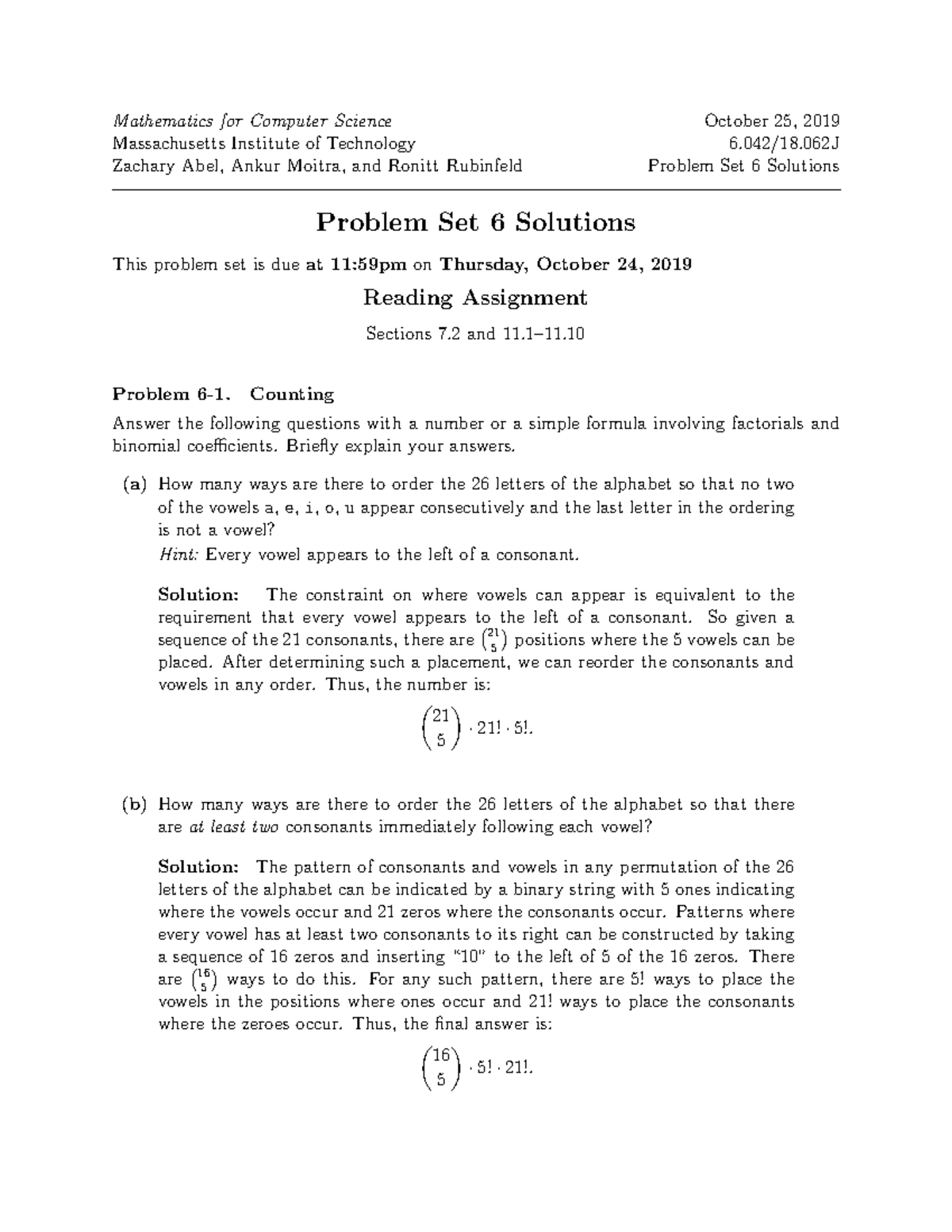 Problem Set 6 Solutions - Mathematics for Computer Science October 25 ...