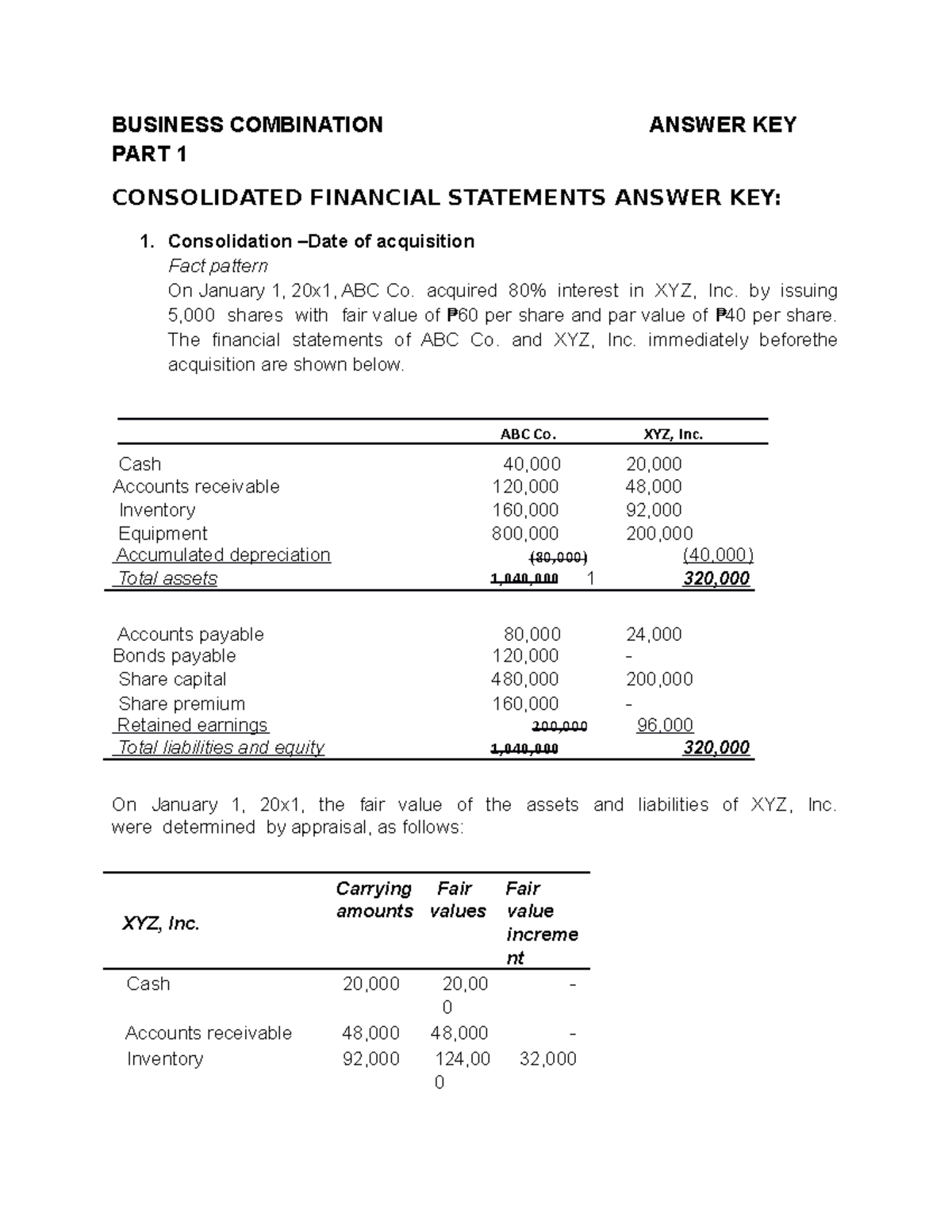 Business Combination Answer KEY (Solving) Part 1 ABC Co. XYZ, Inc