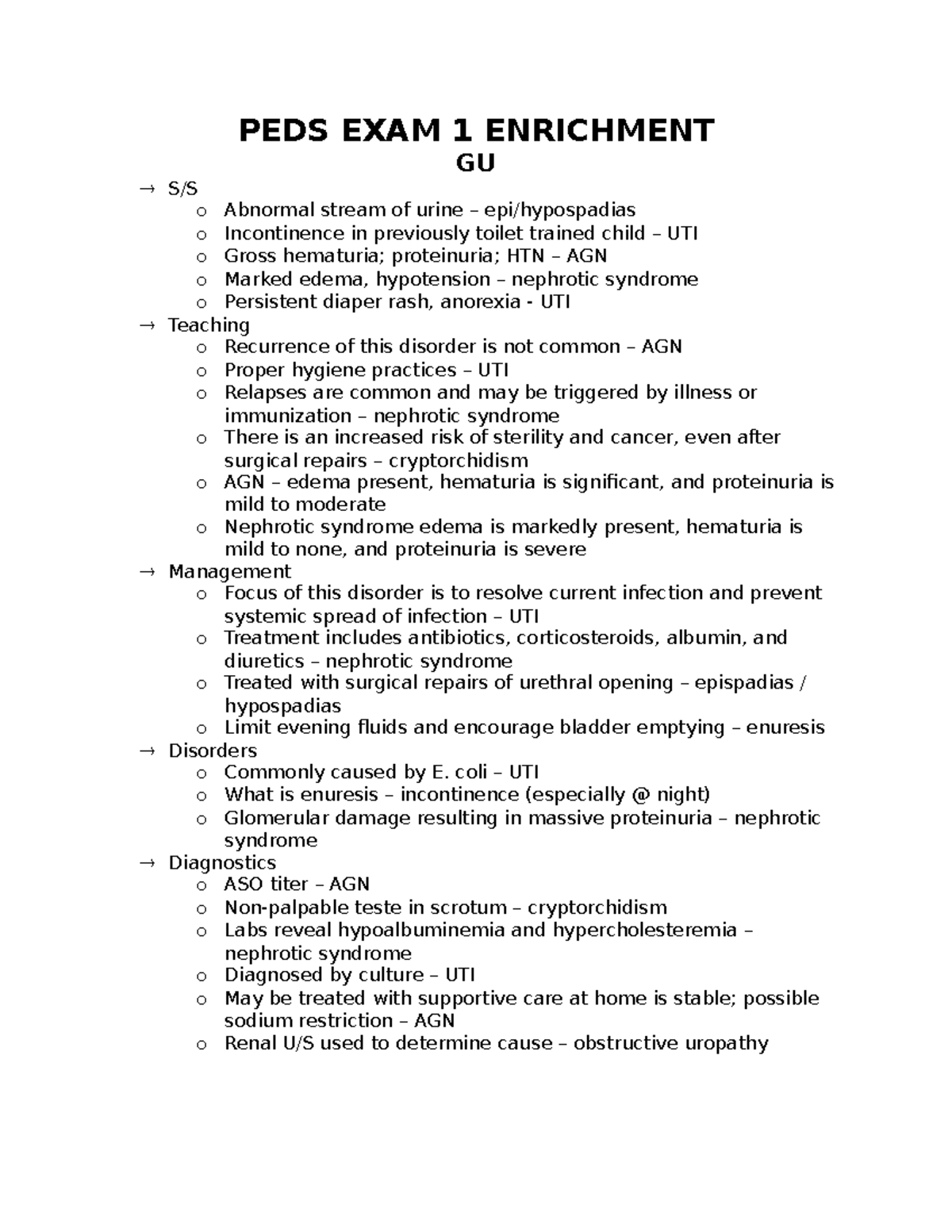 PEDS EXAM 1 Enrichment - Summary OB/Peds - PEDS EXAM 1 ENRICHMENT GU S ...