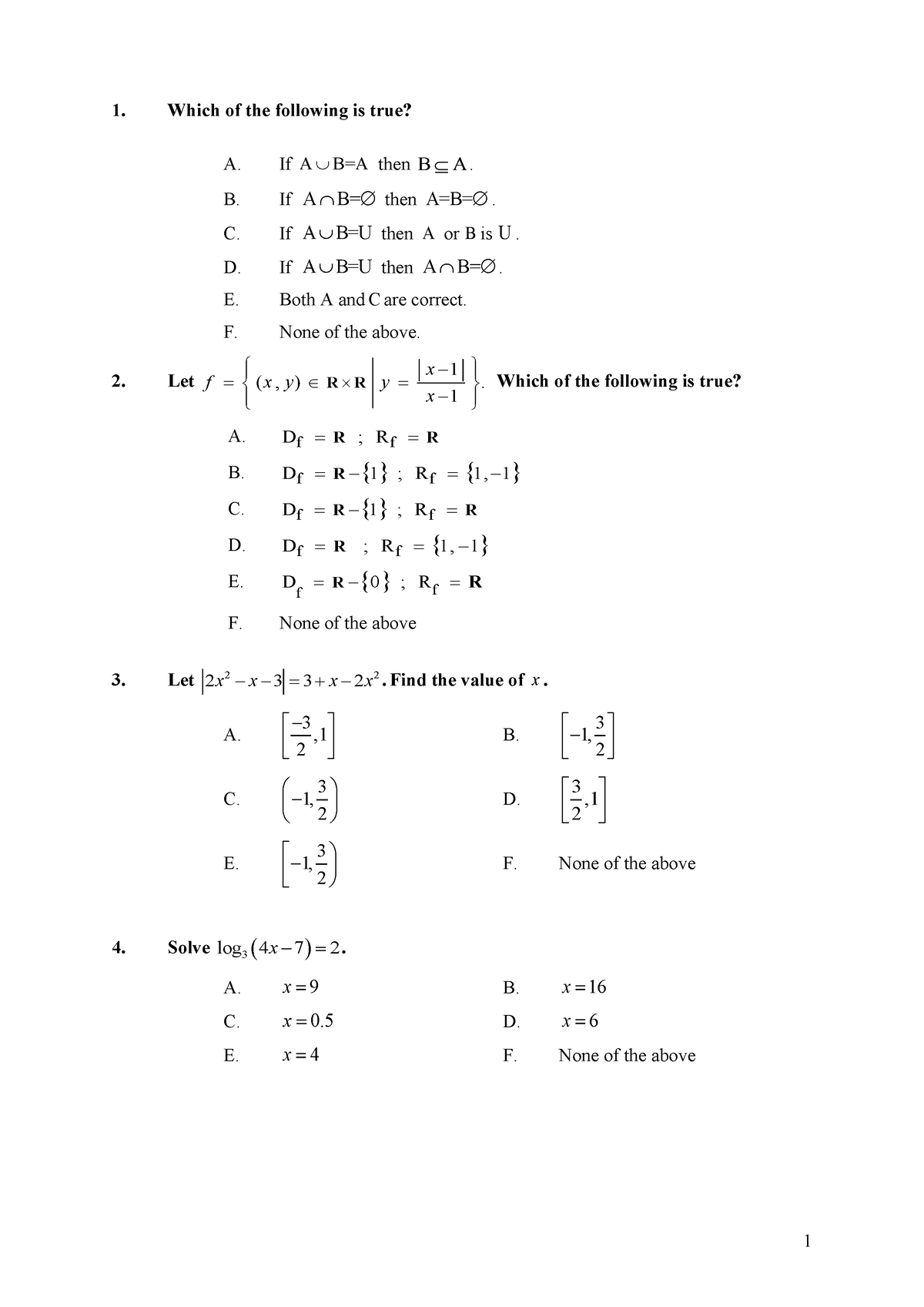 SIIT Math - PRACTICAL TEST - Which Of The Following Is True? A. If A B ...