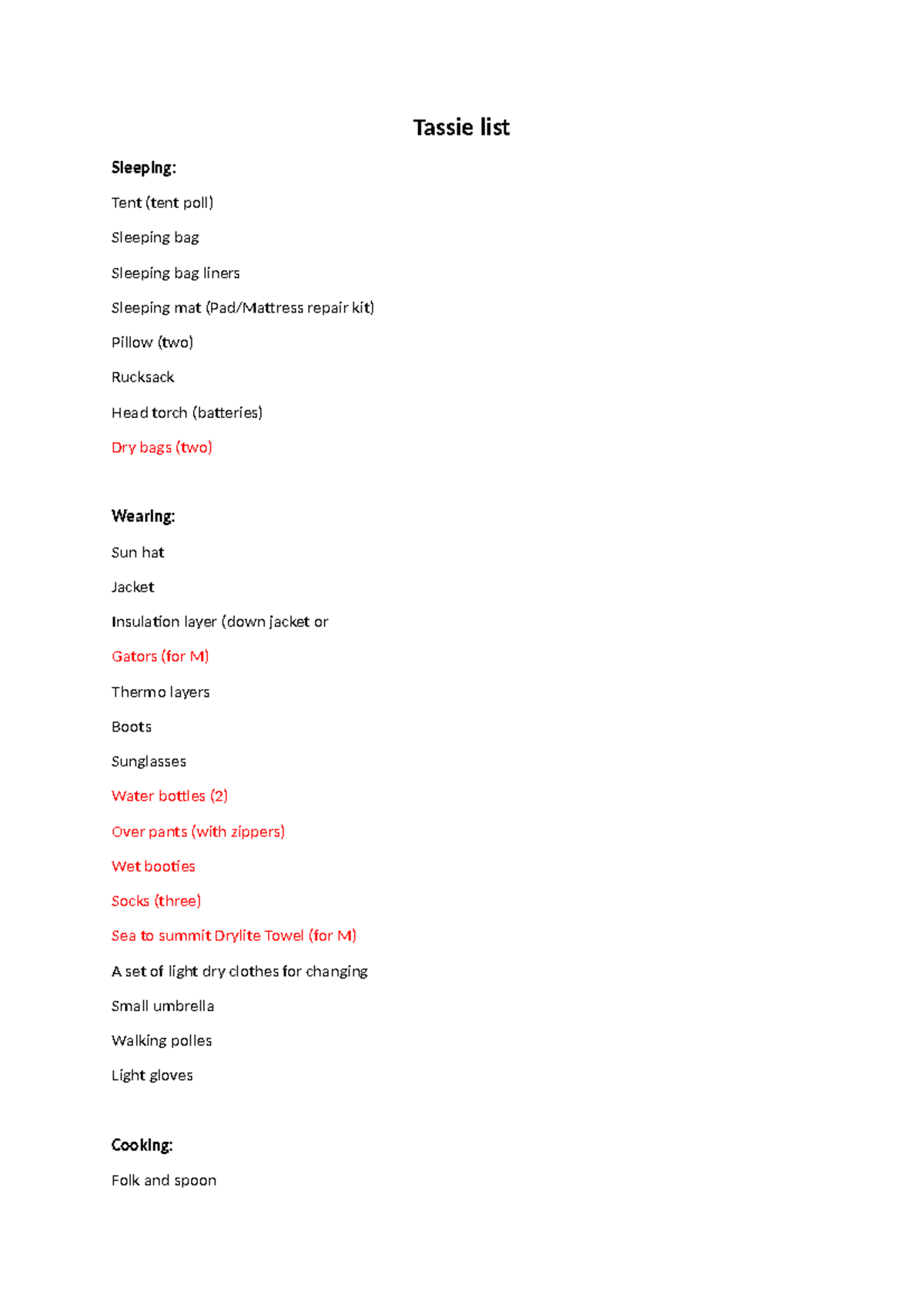 Fieldwork packing list - Tassie list Sleeping: Tent (tent poll ...