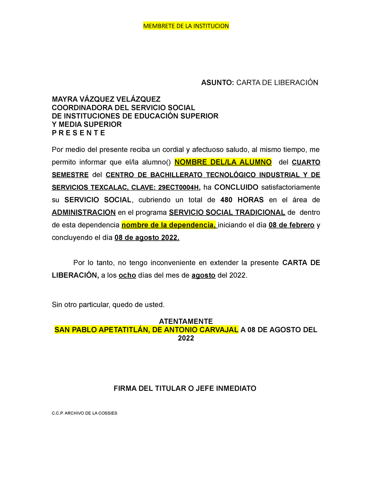 Carta Liberación Ensayo Requerido Membrete De La Institucion Asunto Carta De LiberaciÓn 0726