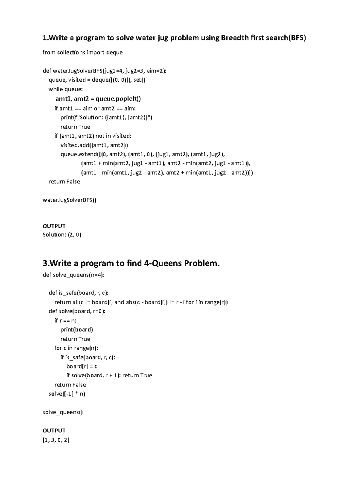 AI - ..... - 1 a program to solve water jug problem using Breadth first ...