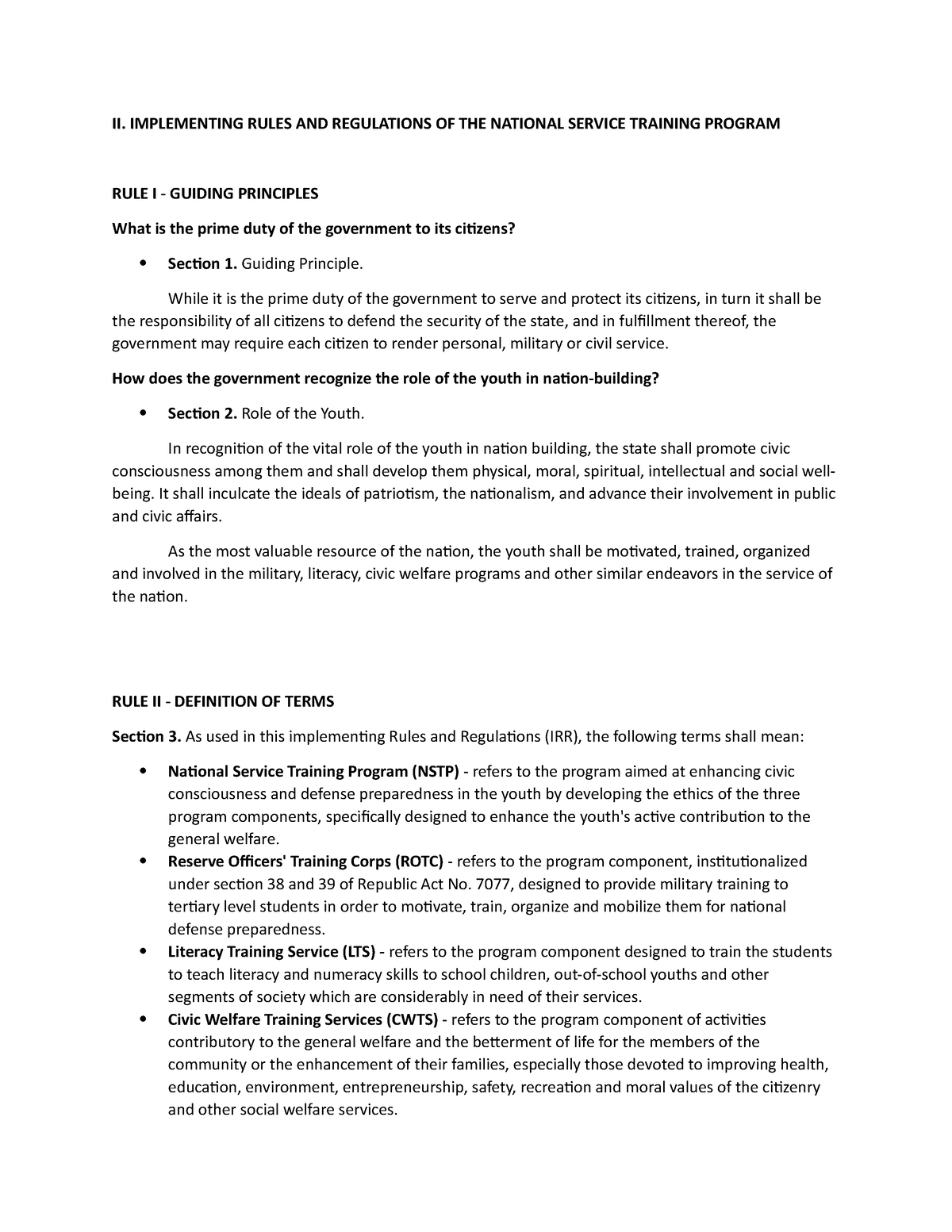 II. Implementing Rules AND Regulations OF THE National Service Training ...